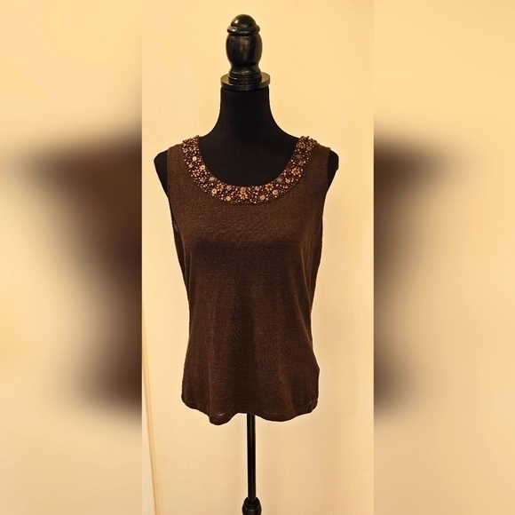 Lafayette 148 New York Beaded Linen Sleeveless Top Medium Brown Hand-Embelished